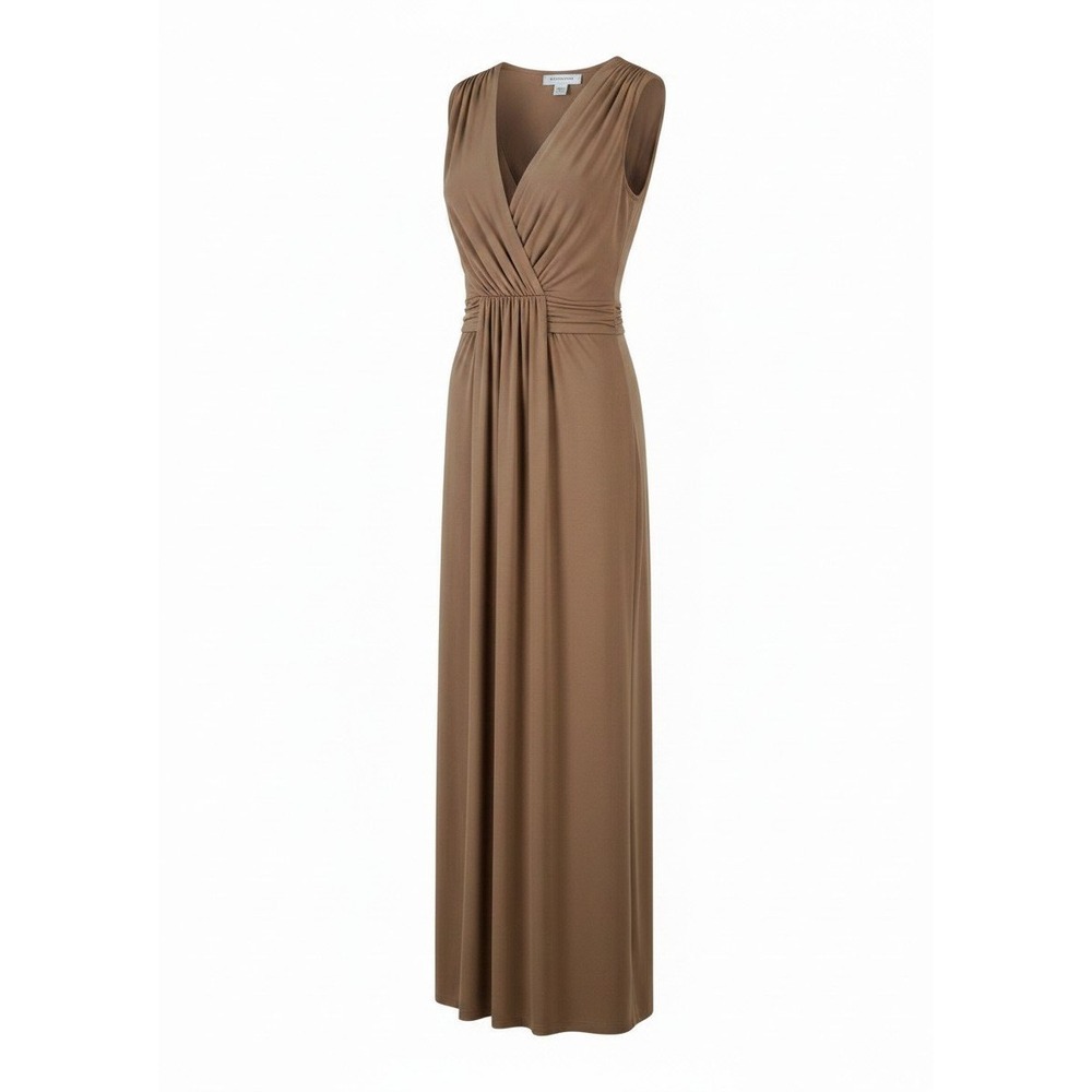 Carmen Marc Valvo Dress Sz 8 Tan Jersey V-Neck Sleeveless Maxi Evening Formal